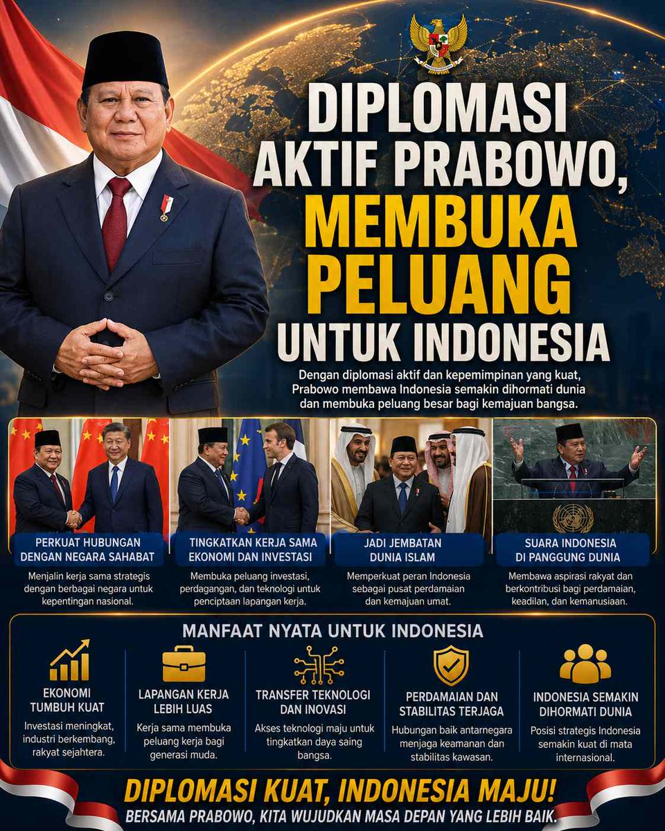 QuentinAdams224's tweet photo. "Yuk, dukung diplomasi Presiden Prabowo! Membangun Indonesia maju demi masa depan rakyat. Bersama kita bisa! 🇮🇩✨" https://t.co/7YO3kH1YIY