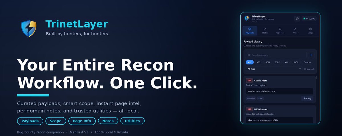 Trinetlayer's tweet photo. Hey bug hunters 👋  

Built TrinetLayer to make recon simpler and faster ⚡  

🔹 Payloads  
🔹 Scope tracking  
🔹 Page intel  
🔹 Notes &amp; recon utilities  
🔹 100% local &amp; privacy-first

Everything in one place 🎯  

Would love your feedback 
https://t.co/ZFXc6mdIbB

#BugBounty https://t.co/WoildeXFx0