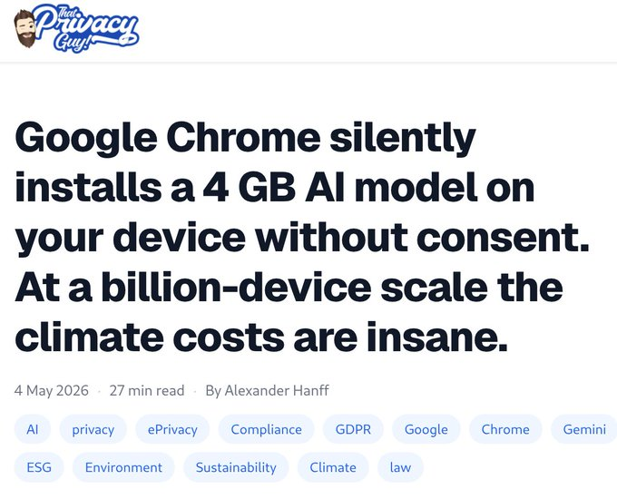Matthijs85's tweet photo. Google Chrome silently installs a 4 GB AI model on your device without consent.🤨
This violates GDPR!😡
🇺🇸https://t.co/VTvdL6Ea2a
🇳🇱https://t.co/DW3HzMCwXE
😲At a billion-device scale the climate costs are insane! #Google #AI

🤓Here's how to remove it: https://t.co/u3nDnNXinD https://t.co/CgAJczhMTn