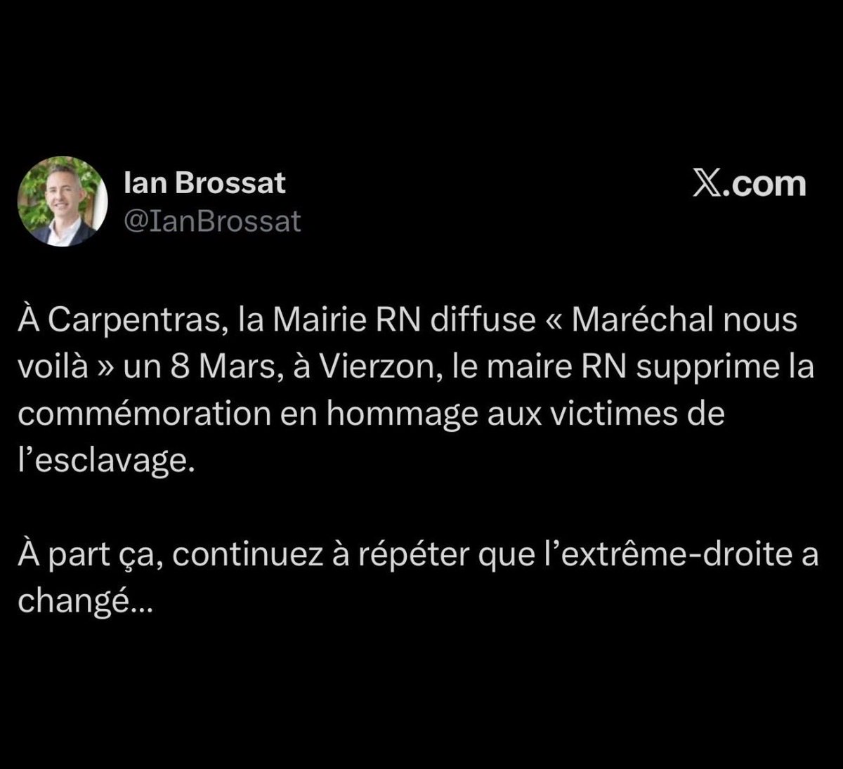 Vous mentez éhontément, <a href="/IanBrossat/">Ian Brossat</a> ! 
Les haut-parleurs de Carpentras sont gérés par la radio associative RTV FM, indépendante de la mairie <a href="/RNational_off/">Rassemblement National</a> 
La radio a reconnu une erreur humaine, présenté ses excuses et précisé que la mairie n’avait rien à voir. Le maire RN a