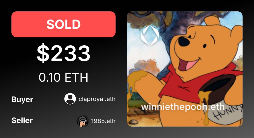 ENSMarketBot's tweet photo. 💰 SOLD: winniethepooh.eth

For: $233.01 (0.10 ETH)
Buyer: claproyal.eth

Seller: 1985.eth @1985_ens
Category: Prepunk #72,628 @PrePunkOfficial

https://t.co/lJZ7yJsiWr https://t.co/GNFIBNyrUN