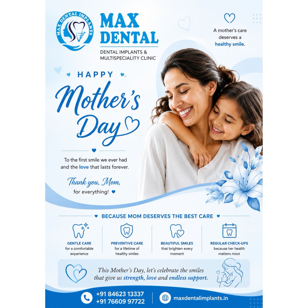 SAIMAXDENTAL1's tweet photo. Happy Mother’s Day to the women behind our first and most beautiful smiles ❤️🦷Max Dental celebrates every mother whose love, care &amp; strength brighten our lives every day. Because every mom deserves a healthy, confident smile 
#HappyMothersDay #MaxDental #DentalCare #Nizamabad https://t.co/YAXTjdqfRi