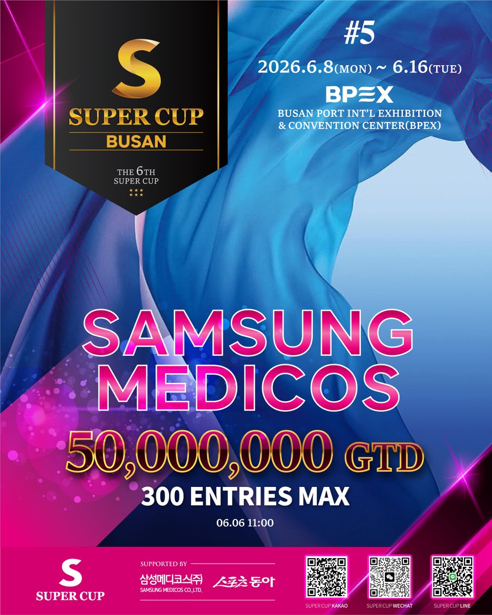 SuperCup_Japan's tweet photo. 🔥 #SuperCup_Busan D-28 🔥

開幕まで、あと28日。
そして本日のPICK UP EVENTは――

🏆 #5 SAMSUNG MEDICOS
💰 50,000,000 GTD
👥 300 ENTRIES MAX

SUPER CUPを支える公式スポンサー・SAMSUNG MEDICOSが冠する注目イベント。
大会序盤から、見逃せない熱戦が待っています。

釜山で始まる9日間の戦いへ。
その瞬間は、確実に近づいています。

📍 2026.6.8 - 6.16
📍 BPEX

#SuperCup #Busan #Poker #D28 #SamsungMedicos