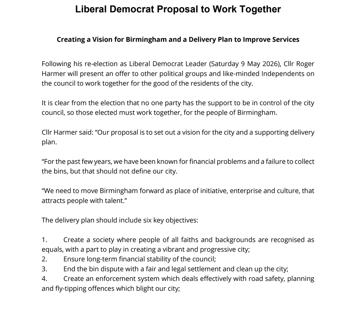 LewisJWarner's tweet photo. NEW: Lib Dems are the first party to make a public bid for “like-minded” parties and independents to work together at Birmingham City Council after elections left no overall control.
Roger Harmer says groups should unite around a six-point plan, including ending the bin dispute. https://t.co/UTscxNHsd4