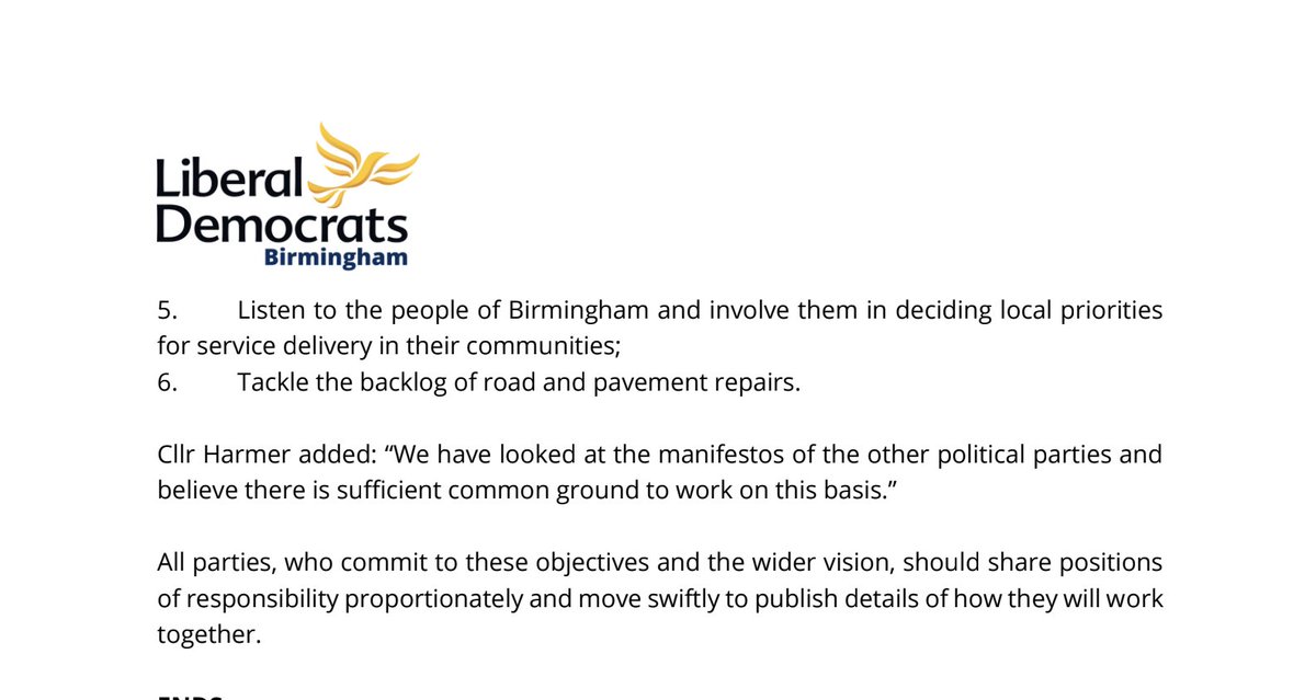 LewisJWarner's tweet photo. NEW: Lib Dems are the first party to make a public bid for “like-minded” parties and independents to work together at Birmingham City Council after elections left no overall control.
Roger Harmer says groups should unite around a six-point plan, including ending the bin dispute. https://t.co/UTscxNHsd4