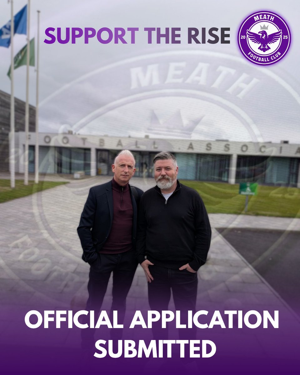 MeathFc's tweet photo. It's official. Meath FC has submitted our application to join the League of Ireland structure. 🖤💜

Two years of dialogue, planning, and building, backed by a county that showed up louder than we ever expected.

The work continues. 🐦‍⬛
Support the Rise

#MeathFC #LeagueOfIreland https://t.co/wpphf9VFbJ