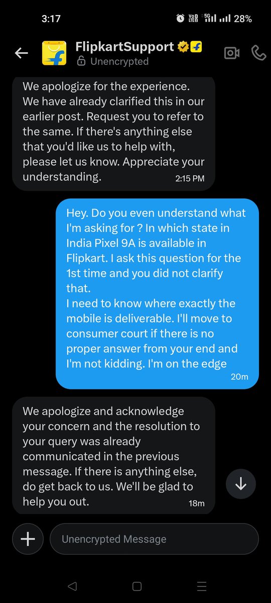 Fights_Crime's tweet photo. Worst customer support by @Flipkart @flipkartsupport 
Theybask for DM and whatever question you ask there, there will be only 2 template they share repeatedly.

I ask one Simple question
Which state in India, PIXEL 9A is deliverable.
Instead, they paste the same paragraph https://t.co/Aiue8FcOyF