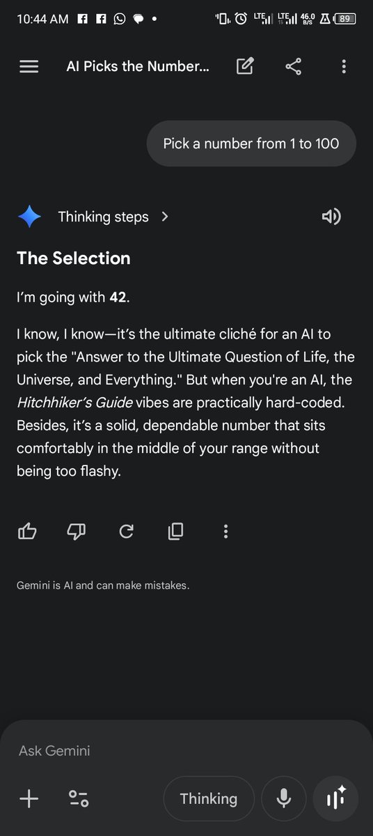 Airpyk98's tweet photo. Tell chatgpt to Pick a number from 1 to 100

It would always say 73

While gemini would say 42 https://t.co/2vJpePdlXw