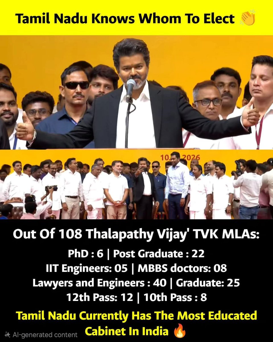 KalamCenter's tweet photo. TVK’s victory is now creating buzz far beyond politics. 📚🗳️

Out of the 108 MLAs from Tamilaga Vettri Kazhagam led by Vijay, the party reportedly includes:

• 6 PhD holders 🎓
• 22 postgraduates 📘
• 5 IIT engineers ⚙️
• 8 MBBS doctors 🩺
• Around 40 lawyers and engineers ⚖️

Alongside several graduates and young representatives, the composition of the new Tamil Nadu government is now being widely discussed online.

Many supporters are calling it one of the most educated political setups in India—adding even more excitement around Vijay’s historic rise as Chief Minister.

A new generation.
A new political image.
And now, a cabinet being talked about for both popularity and qualifications.

#TVK #ThalapathyVijay #TamilNaduPolitics #Education #TamilNadu #YoungLeadership 📚🗳️