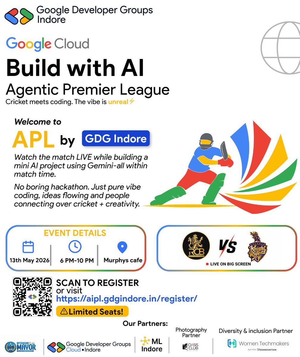 GDG_Indore's tweet photo. 🔥 APL is back!
RCB 🆚 KKR on big screen + AI vibe coding with Gemini 🤖🏏 No boring sessions, just cricket, coding &amp; community 🚀
🗓️ 13 May | 6 PM 📍 Murphys Cafe, Indore
Register 👇 https://t.co/oVekBYMOaN
#BuildWithAI #GDGIndore #IPLWatchParty @tpal94 https://t.co/PUIx0I5l4z
