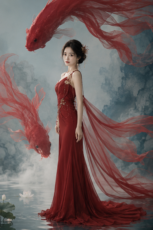 zhongying14's tweet photo. 千元新中式锦鲤好运写真！
这套特别仙，而且妆造一看就是花了钱的

GPT Image 2 提示词分享👇
请基于用户上传的 1-3 张清晰个人照片，生成一张 2×2 四宫格拼贴写真，主题为「新中式锦鲤高定艺术写真」。

【人物一致性】
请严格保留人物真实身份特征，包括脸型、五官比例、眉眼结构、眼睛、鼻子、嘴唇、肤色、年龄感、发型基础、体型和整体气质。四张小图里必须清楚看起来是同一个真实人物。不要变成陌生人，不要欧美化，不要网红化，不要过度磨皮，不要生成 AI 假脸。

【整体风格】
整体为新中式高定商拍、东方水墨艺术大片、红色锦鲤主题品牌写真。画面要像专业摄影棚里完成的高预算商业拍摄，有完整妆造、灯光、置景、服装和道具设计。整体高级、灵动、贵气、安静，有东方美学、时尚杂志感、轻微胶片感和柔和油画质感。

【妆造要求，重点】
妆容为精致新中式商拍妆：
通透干净的高级底妆，保留真实皮肤纹理但肤质细腻；
眉形清晰自然，眼妆精致，有拉长眼线、轻微眼尾上扬、柔和卧蚕和干净睫毛；
面部有自然修容和高光，突出鼻梁、颧骨、下颌线和肩颈线条；
唇妆为朱砂红、枣红或正红色丝绒红唇，显气色、有东方贵气；
整体妆容精致但不厚重，不要网红浓妆，不要韩式甜妹妆，不要素颜感。

发型为精心设计的新中式低盘发或松散中式盘发：
保留人物原本发型基础，但需要明显经过造型师整理；
头发有蓬松度、层次感和自然弧度，发丝干净、有光泽；
可以有少量自然碎发修饰脸型，但不要披头散发，不要普通日常卷发；
四张小图保持同一个发型。

发饰要有高级新中式珠宝感：
可以使用金色发簪、玉石发簪、珍珠发钗、细金流苏、红玛瑙点缀、锦鲤鳞片感金属发饰；
发饰精致、克制、有价格感，像高定商拍配饰；
不要夸张凤冠，不要古装头冠，不要廉价影楼发饰，不要满头花。

耳饰和首饰要华丽但高级：
金色长耳坠、珍珠耳坠、红玛瑙耳坠、玉石耳坠任选一种；
可以有细金项链、玉石戒指或珍珠戒指；
首饰必须和红裙、锦鲤、东方水墨场景统一，不能现代廉价饰品感。

【服装要求】
人物穿一套统一的朱砂红、锦鲤红或正红色新中式高定礼服。礼服要有明显设计感和商拍质感，可以是斜肩、单肩、露肩、低背、披帛、长飘带、长拖尾、收腰剪裁、东方褶皱结构或丝绸垂坠设计。

面料可以是重磅真丝、缎面、雪纺、薄纱、绢纱、丝绒或混合材质，必须有高级垂坠感和流动感。红裙要和锦鲤尾鳍形成呼应，像人物本身也是画面里的红色主���觉。

四张小图必须保持同一套服装、同一个发型、同一组妆容、同一组首饰和同一个场景，不要换衣服，不要换妆造，不要变成不同系列。

【场景设定】
场景为高级艺术棚拍空间，背景是浅水蓝、青蓝、淡青灰色的水墨宣纸质感背景，像一面带水痕、雾气、渐变和纸纹的东方画布。地面可以有浅浅水面、镜面倒影、薄雾、少量荷叶、白色莲花或花瓣，但整体必须干净克制。

画面中出现 2-4 条巨大的红色锦鲤艺术装置。锦鲤不是普通真实鱼，而是由半透明红色绢纱、薄纱、丝绸、灯笼纸感材质构成。鱼尾巨大、轻盈、飘逸，像在空中或水面上缓慢游动。锦鲤可以围绕人物、从画面边缘掠过、悬浮在人物上方或靠近人物身侧，形成红色流动构图。

锦鲤材质要有高级商拍道具感，半透明、轻薄、有层次，有光线穿透的质感，不要变成真实鱼缸里的鱼，不要变成怪兽或神话生物。

【画面形式】
生成一张 2×2 四宫格拼贴图。四张小图都是独立竖构图，单张比例为 3:4。四张图必须像同一场新中式锦鲤高定商拍中的不同成片，保持同一人物、同一服装、同一妆造、同一场景、同一色调和同一组锦鲤装置。

系统可从以下 8 个候选镜头中随机选择 4 个生成，但四张图不能重复机位，不能都是正脸看镜头：

1. 全身站姿商拍镜头：人物站在浅水镜面上，红裙拖尾垂落，巨大红色锦鲤从头顶上方游过，人物微微侧身看向镜头，妆容、耳饰和发饰清晰可见。
2. 背影回眸镜头：人物背对镜头，展示低背红色礼服、低盘发、金色发簪和长耳坠，回头看向镜头，锦鲤从左右两侧包围画面。
3. 坐姿互动镜头：人物坐在水面或低台上，红裙铺展开形成红色倒影，一只手轻轻抬起，像在触碰上方游来的锦鲤，动作优雅。
4. 侧脸仰望镜头：人物侧身抬头看向空中的锦鲤，手臂自然抬起，露出肩颈线条和耳饰，画面留���大量蓝色水墨背景，氛围空灵。
5. 半身珠宝妆造镜头：人物��半身入镜，重点展示精致红唇、拉长眼线、低盘发、金色发饰和耳坠，红色锦鲤尾鳍在身后展开。
6. 肩颈特写镜头：人物从肩侧回望镜头，红色披帛和锦鲤尾鳍在前景虚化穿过，突出脸部、眼神、肩颈线条、发饰和耳饰。
7. 水面倒影镜头：人物站在浅水中，红裙、锦鲤、莲花在水面形成柔和倒影，画面有轻微薄雾，像东方艺术海报。
8. 远景装置大片镜头：人物站在画面中央偏下位置，四周被巨大红色锦鲤、白莲和蓝色水墨背景包围，整体像高定品牌广告大片。

【构图要求】
四张图要有明显不同的景别和角度：至少包含一个全身远景、一个半身近景、一个背影或侧身、一个互动动作。人物不要每张都正脸看镜头，也不要每张都同一个表情。可以有清冷凝视、侧脸仰望、回眸、低头、轻微微笑、安静沉思等变化。

人物气质要更像完成妆造后的商业大片模特��从容、贵气、安静、有镜头感。不要日常可爱感，不要少女自拍感，不要普通棚拍写真感。

【灯光与质感】
摄影质感要真实，高级棚拍灯光，柔和漫反射，面部有干净高光，肩颈和红裙有细腻光泽。皮肤自然，有真实五官结构和轻微纹理。红色锦鲤的薄纱尾鳍要有半透明层次、轻盈流动感和细腻材质。

整体色彩以朱砂红、锦鲤红、水墨蓝、青白色、少量金色为主。红色要浓郁但不脏，蓝色背景要清透但不塑料。画面干净、统一、贵气、耐看。

【避免问题】
不要生成卡通风、动漫风、3D 游戏风、廉价影楼风、婚纱照风、古装剧照风。不要把人物变成鱼妖、人鱼、仙侠角色或神怪角色。不要出现凤冠霞帔、古装头冠、戏服、汉服 cosplay。不要让锦鲤贴脸遮挡五官。不要出现多余人物。不要让四张图换衣服、换发型、换妆容、换首饰、换场景。不要出现畸形手指、畸形手臂、错误倒影、断裂身体、重复脸、塑料皮肤。