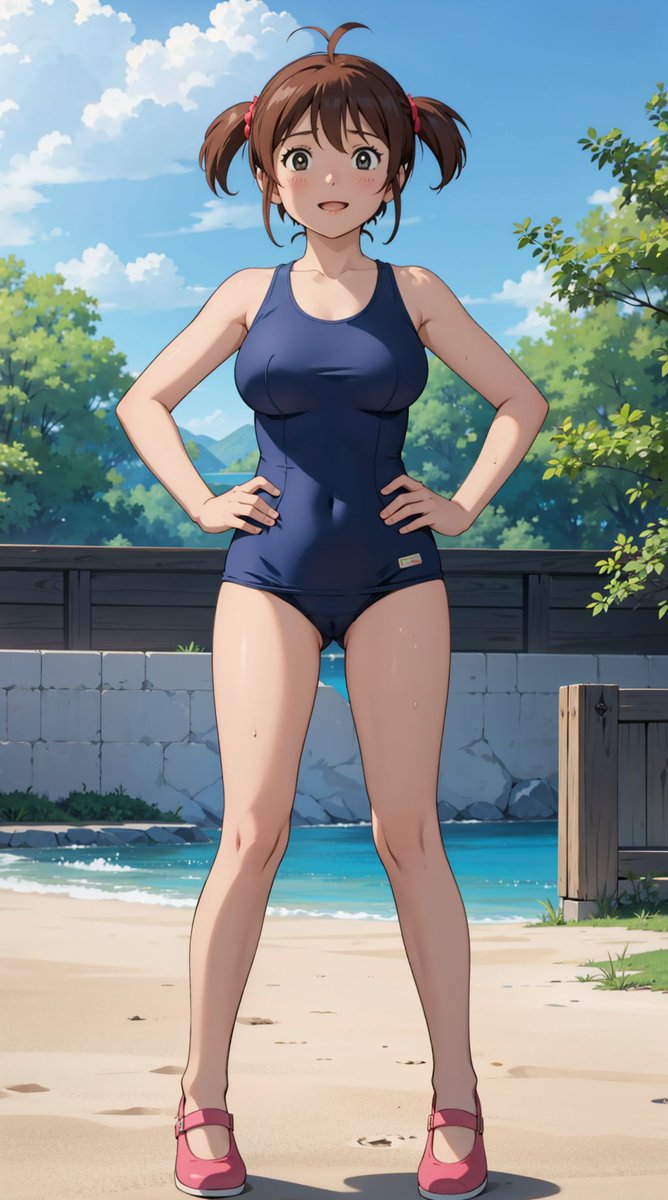 _i___i_'s tweet photo. 「プール授業の後、海にも寄っちゃった☀️ スク水のまま帰るから別にいいよね...？💧」

#おもらし #AIイラスト #AI絵 #スク水 #スクール水着 #omorashi #AIart #fetishart #wetting #swimsuit https://t.co/YcqxWrvfJf