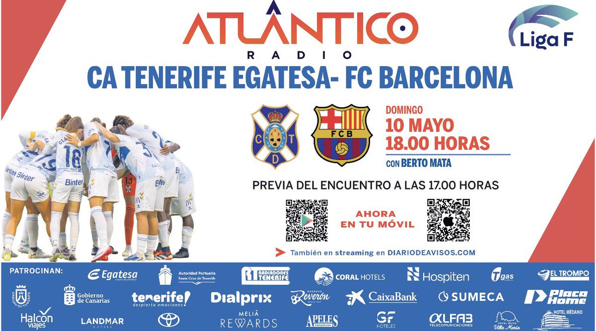atlantico_radio's tweet photo. 🚨¡MATCH DAY!🚨

⚽️ @CDTFemenino - @FCBfemeni 

🏟️ Heliodoro Rodríguez López
⏰ 18.00h (17:00 en directo)
🏆 Jornada 28, @LigaF_oficial 

🎙️ @mata_berto
🎤 @CarlosElorrieta 

📻 @atlantico_radio
📲 APP y TDT
💻 https://t.co/770LUs3NqY 
📩 651 37 37 37 https://t.co/qCxN0W3wQM