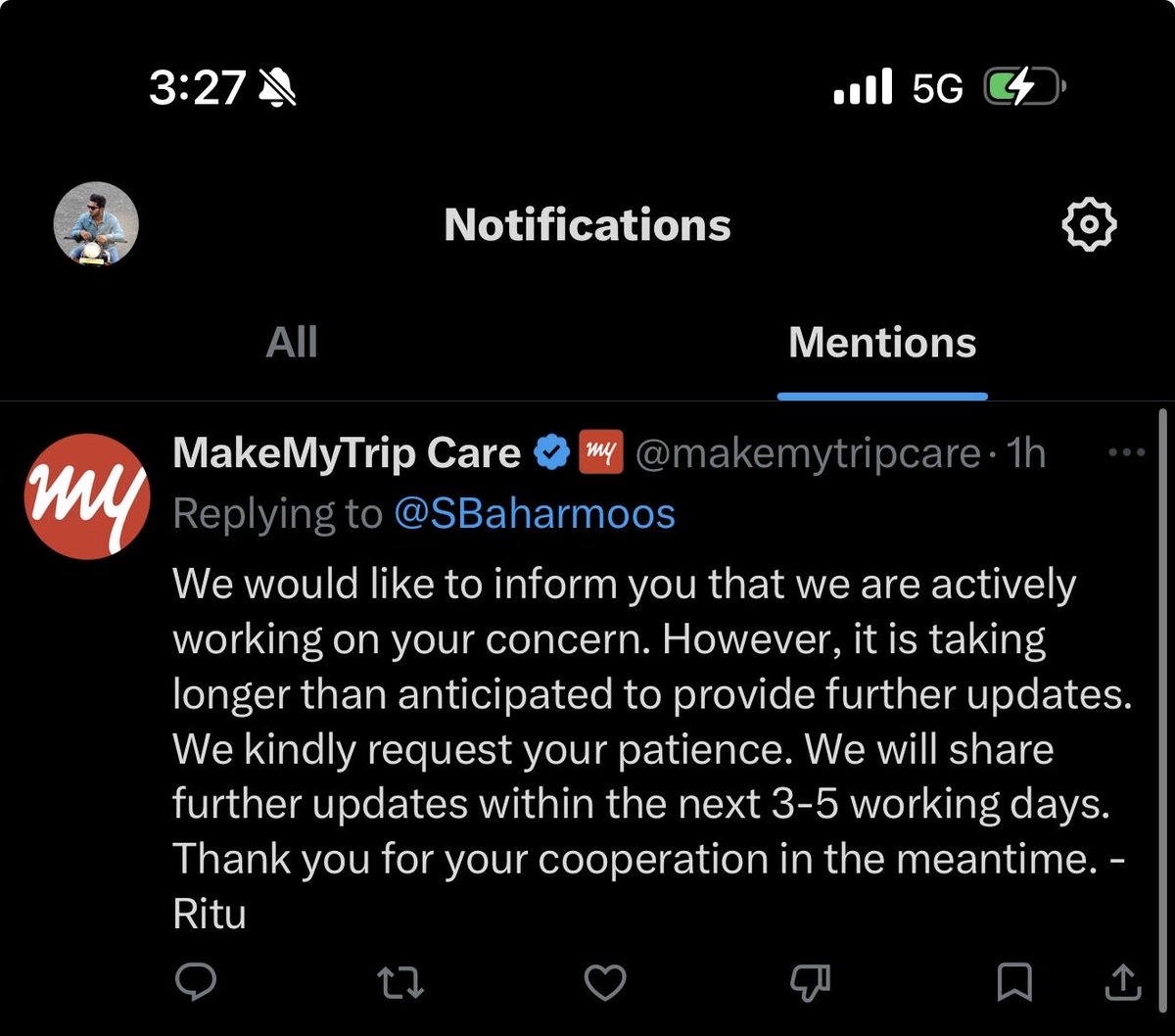 SBaharmoos's tweet photo. Dear @makemytrip @makemytripcare, enough of repeated delays and copy-paste responses.

For my booking ID NN7AJKGD56585086745 (Jeddah → Hyderabad via Kuwait, PNR: AW5LPG), I was promised a refund of ₹85,511, but only around ₹10,363 was received. Since then, I have only been given repeated timelines — 24 hours, 48 hours, 5–7 days, then again 3–5 working days — with no actual resolution.

I have attached screenshots showing the repeated assurances and delays. This is unacceptable. Kindly provide a clear resolution and release the pending refund immediately.

Requesting intervention from @MoCA_GoI @DGCAIndia @jagograhakjago @ConsumerHelpline @CPGRAMS @KuwaitAirways

A customer should not have to chase his own hard-earned money for this long. #MakeMyTrip #RefundIssue #ConsumerRights