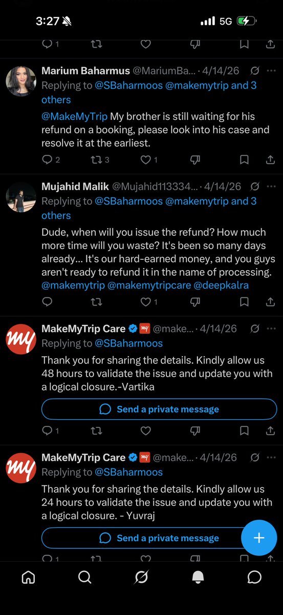 SBaharmoos's tweet photo. Dear @makemytrip @makemytripcare, enough of repeated delays and copy-paste responses.

For my booking ID NN7AJKGD56585086745 (Jeddah → Hyderabad via Kuwait, PNR: AW5LPG), I was promised a refund of ₹85,511, but only around ₹10,363 was received. Since then, I have only been given repeated timelines — 24 hours, 48 hours, 5–7 days, then again 3–5 working days — with no actual resolution.

I have attached screenshots showing the repeated assurances and delays. This is unacceptable. Kindly provide a clear resolution and release the pending refund immediately.

Requesting intervention from @MoCA_GoI @DGCAIndia @jagograhakjago @ConsumerHelpline @CPGRAMS @KuwaitAirways

A customer should not have to chase his own hard-earned money for this long. #MakeMyTrip #RefundIssue #ConsumerRights