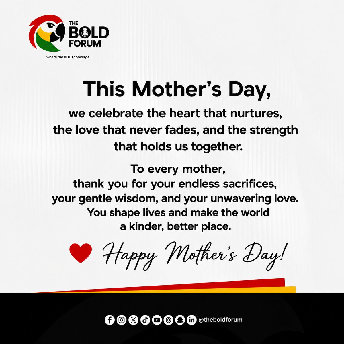 TheBoldForum's tweet photo. We at the #THEBOLDFORUM celebrate our our endearing Mothers on this special day. You Mothers are mighty!!
#HappyMothersDay #BOLDIES #BOLDTAKES https://t.co/2No8nUC6bb