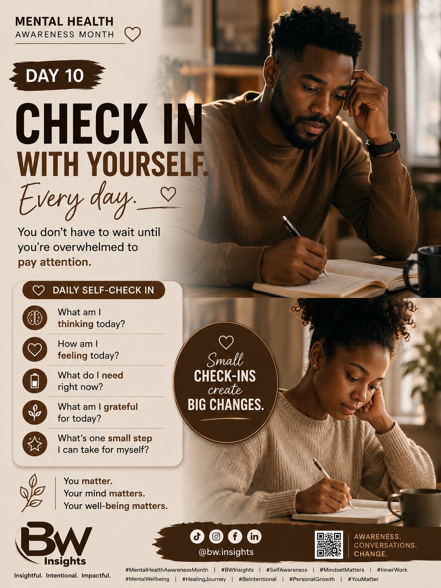 BenWracle's tweet photo. #MentalHealthAwarenessMonth #BWInsights #MentalHealth #SelfAwareness #MentalWellbeing  
#CheckInWithYourself #DailyCheckIn #InnerWork #MindsetMatters #EmotionalHealth  
#PersonalGrowth #HealingJourney #BeIntentional #MindfulLiving #YouMatter https://t.co/evTSIzvPdl