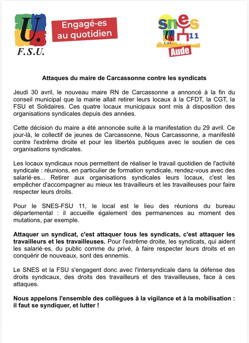 FrPajot's tweet photo. Je dénonçais récemment les attaques de l’extrême droite contre les libertés syndicales.

À Carcassonne, cela se concrétise avec la suppression des locaux syndicaux par le maire RN.

Soutien total à la #FSU et à toutes les organisations syndicales. ✊ https://t.co/N1Hk7UwBnE