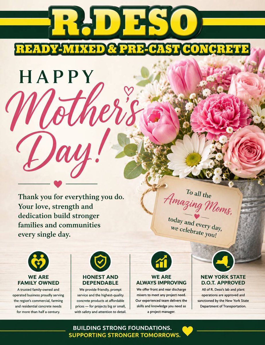 DesoReadyMixed's tweet photo. Happy Mother’s Day from R. Deso! 💐💚💛

Behind every strong foundation is a mother’s love. 🏗️💕 Today, we celebrate the moms who build, support, and inspire us every day. 🌸👷‍♀️
Celebrate Mom with us today! 🔗 https://t.co/zoMs8YsTkO

#MothersDay #RDesoConcrete #StrongFoundations https://t.co/nEFicIclOL
