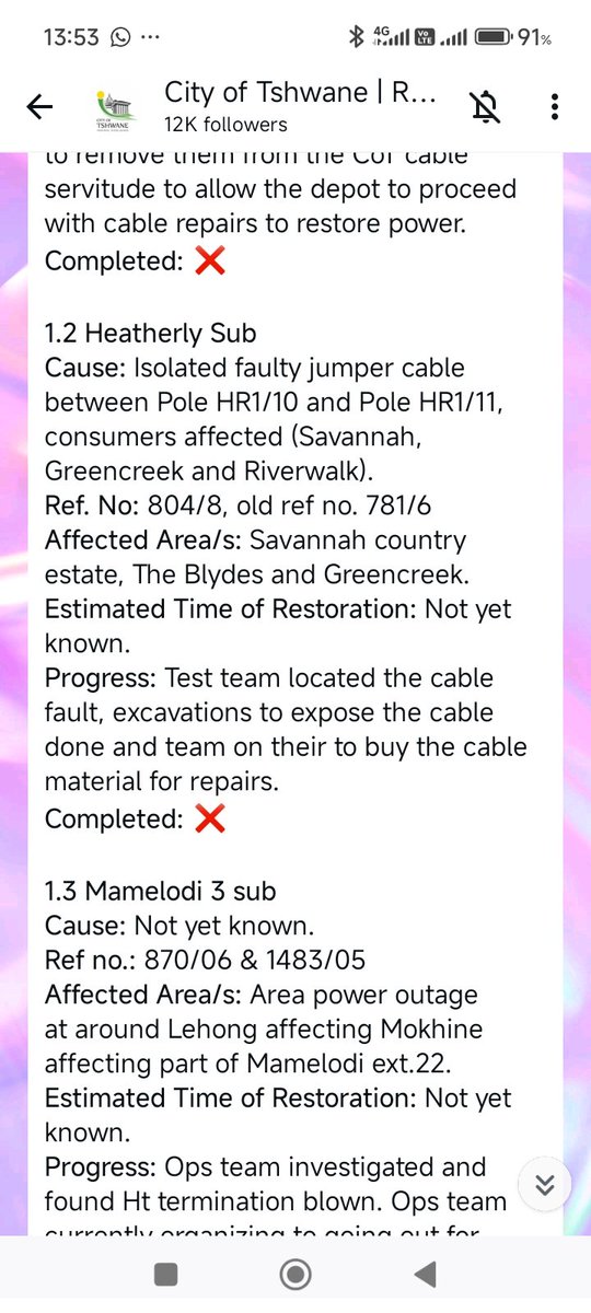 MissJ3y's tweet photo. Hi @CityTshwane we haven't had electricity since Friday, we fall under Heatherly Sub, every day I have been reading comms sent via your WA channel and one thing is clear, we are either being told lies or there's a bigger issue at play. This happens every 2nd week. https://t.co/ZG0yRJDHSZ