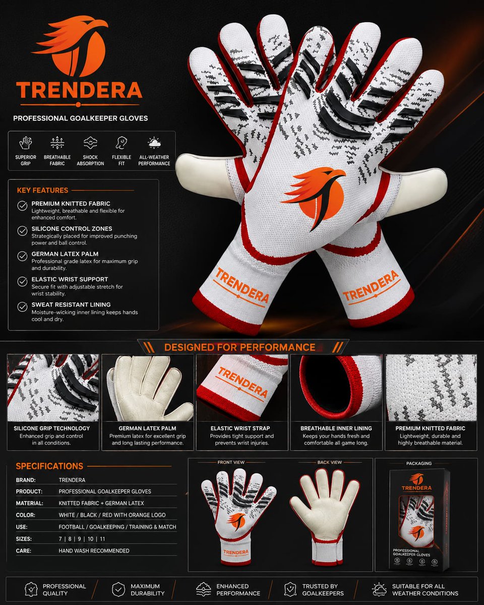 TrenderaSports's tweet photo. 🧤 Ready to own the goalpost?
TRENDERA Goalkeeper Gloves = Pro Grip + Comfort + Performance ⚽🔥
Every save starts with confidence. 🥅
#TRENDERA #Goalkeeper #GKGloves #Football #Soccer #Goalkeeping #MatchDay #FootballGear https://t.co/DPxuRrKo6r