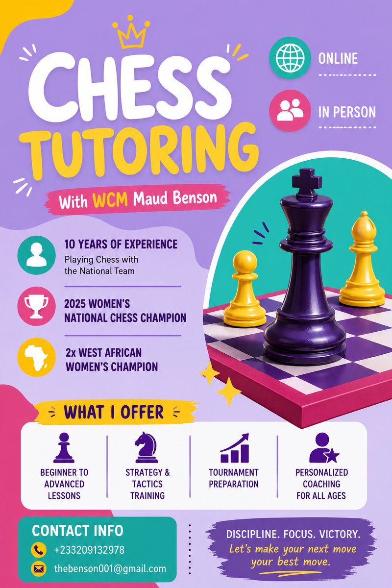 _maudbenson's tweet photo. I’m currently offering chess tutoring lessons for beginners to advanced players, both online and in person.If you’re interested or know someone who would love to learn chess, kindly send in a message. https://t.co/i60LD7xYJm