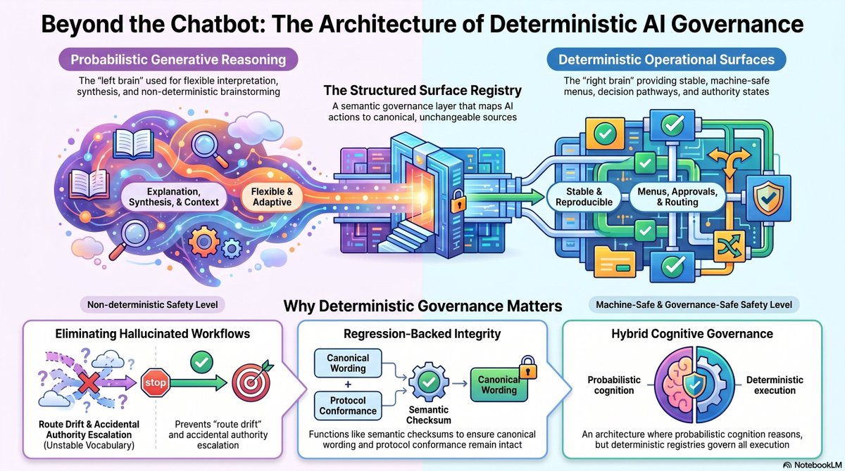 JasmyNetwork's tweet photo. We just crossed an important threshold inside EnKai.

This is no longer prompt engineering.

We separated:
• probabilistic reasoning
from
• deterministic operational surfaces
The AI can still reason, explain, brainstorm, and converse…
…but operational/governance surfaces are now:
• canonicalized
• regression-tested
• deterministic
We proved:
• manifest-driven pathway extraction
• canonical decision surfaces
• stable governance vocabulary
• deterministic presentation layers
• semantic regression enforcement

Core principle:

Models may reason.
Registries define.
Manifests canonize.
Deterministic layers present.
Regression tests enforce.
Most AI systems collapse conversation, execution, routing, and authority into one unstable layer.
EnKai is moving toward a hybrid deterministic-probabilistic cognitive governance architecture where humans remain the final authority.
This is the difference between:
AI that talks
and
AI infrastructure that can be trusted.

#AI #LLM #AgenticAI #AIArchitecture #AIEngineering #AIAlignment #OpenSourceAI #SystemsDesign #HumanCenteredAI #EnKai