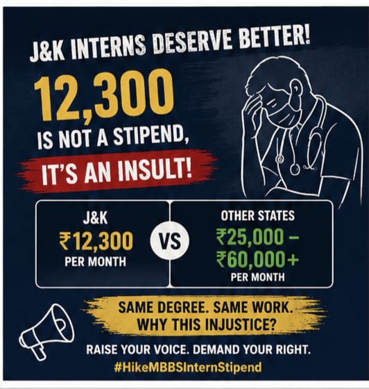 veylunee's tweet photo. It's nearly 400 rs per day, even less than half of what daily wagers earn. While in other states in India, the stipend is atleast 20k+, if not more. It's high time this matter needs to be looked upon. 
#HikeMBBSInternStipend
@CM_JnK @OfficeOfLGJandK _ @MoHFW_INDIA @sakinaitoo https://t.co/m7gc8i3ila