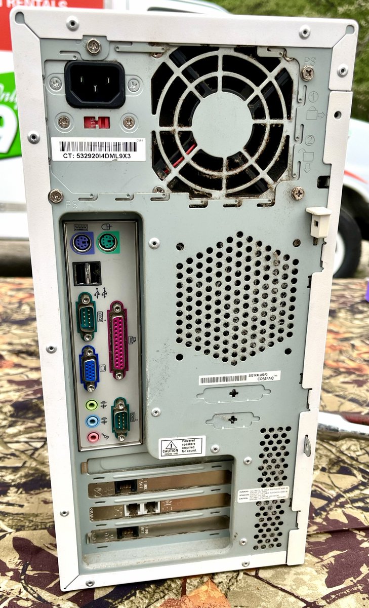 RetroFox8Bit's tweet photo. Back at the flea this morning, saw this Compaq 5410US tower. The guy also had the original keyboard and speakers that mount on the sides of a CRT. Offered $10 and now I have another project to clean up and test. Lots of brown smoker dust in it but otherwise stock and nice shape. https://t.co/ZQj54JOR9A