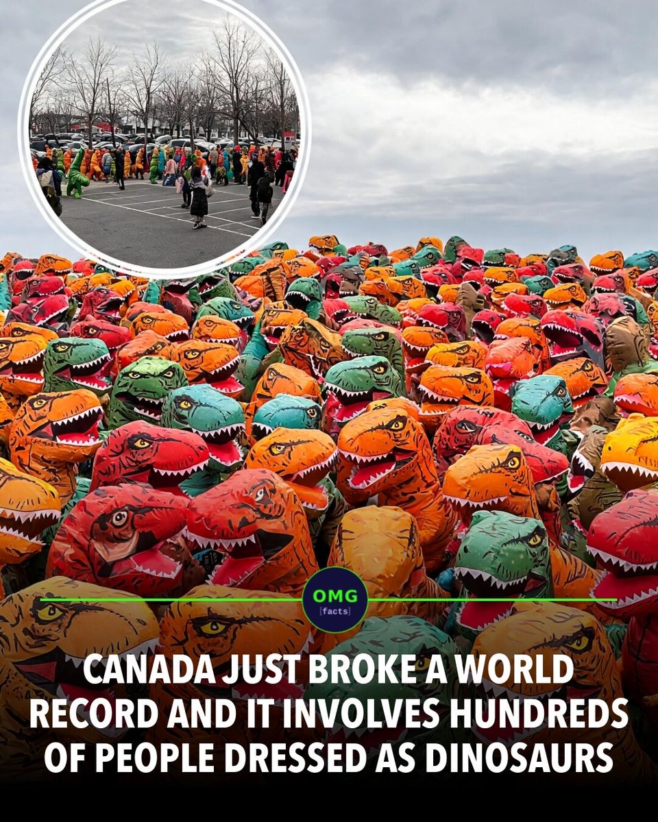 OMGFacts's tweet photo. 🦖 1,163 people in T-Rex suits set a world record.
Drumheller, Alberta crushed Portland's old mark of 252.
Dinos unite for history.
Sources: Guinness World Records, CBC News
#omgfacts #DinosaurRecord #Drumheller https://t.co/66recHLbb4
