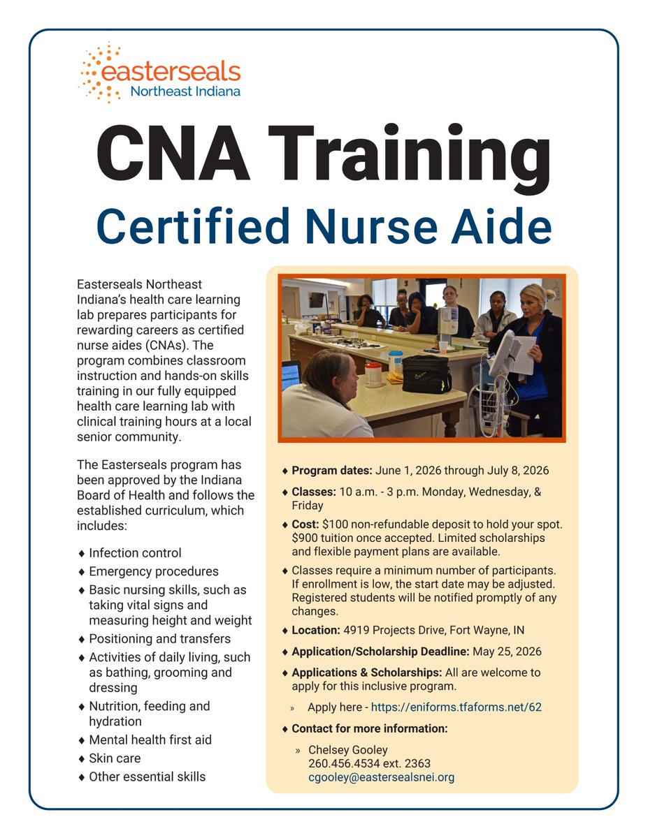 EastersealsNEIN's tweet photo. Ready to begin a career in healthcare? 🩺✨ Our CNA Training Program offers hands-on learning and real-world experience to help you take the next step toward a rewarding future. Apply today! 💙

Apply here - https://t.co/QixLYzEXJr

#CNAProgram #HealthcareTraining #EastersealsNEI https://t.co/I63yxmxQz8