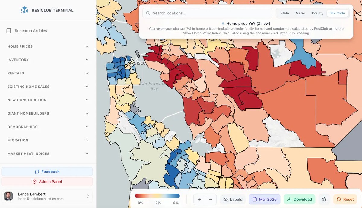 NewsLambert's tweet photo. The Bay Area housing market

LEFT: Home price shift between spring 2024 to spring 2025

RIGHT: Home price shift between spring 2025 to spring 2026

Spillover from the AI Boom into housing was a little stronger a year ago in San Jose than now—however, it's the opposite in San Francisco—with much more upswing this year. Oakland is weaker—buyers have gained leverage there. 

via ResiClub Terminal