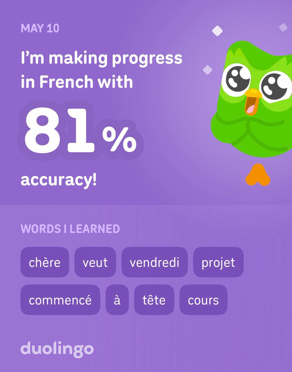 mayahermani1's tweet photo. I’m learning French on Duolingo! It’s free, fun, and effective. https://t.co/sNh6U1a7tR