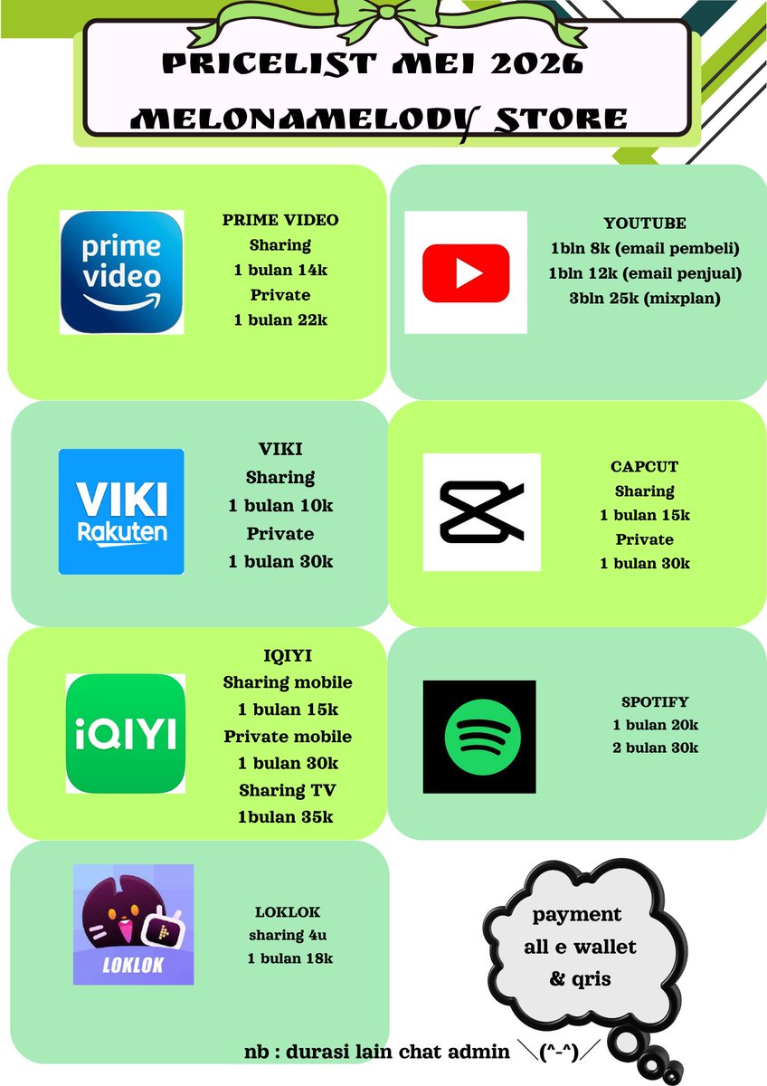 mlnmelodystore's tweet photo. UPDATE PRICELIST APPREM BY MELONAMELODY NETFLIX YOUTUBE PREMIUM SPOTIFY VIU YOUKU WETV IQIYI CANVA LOKLOK PRIME VIDEO VIDIO BSTATION APPLE MUSIC LIGHTROOM CANVA DISNEY+ VISION SPOTIFY HBO CAPCUT #zonauang https://t.co/jQTrynQFFv