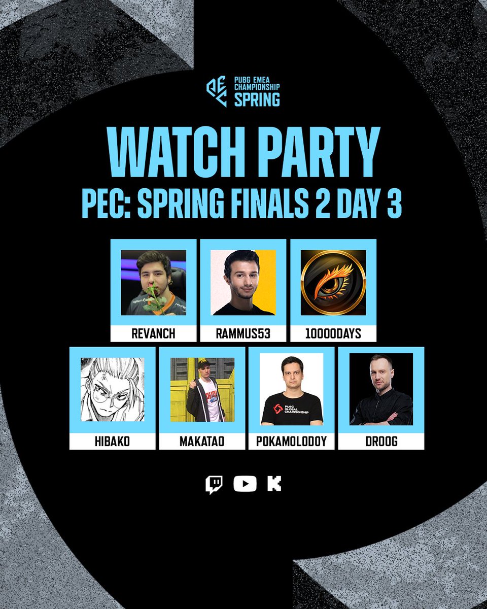 PUBGEsports's tweet photo. We’re starting the broadcast for the final day of PEC: Spring Finals 2 very soon! 🔥

If you’re looking for a different flavour of the action, make sure to check out our Watch Party lineup! 👀

❤️@RevancheVR : https://t.co/O8UG066Pf5
🧡 @Rammuss53 : https://t.co/yvJGdkwmDw
💛 @10000DAYSs : https://t.co/JBpxbfwCE1
💚 MakataO: https://t.co/jFwZFsuf96
💙 @DroogTV: https://t.co/rMvtt9VjQu
💜 Pokamolodoy : https://t.co/T218eAq1du
🤎Hibako : https://t.co/gEApjYqjHf