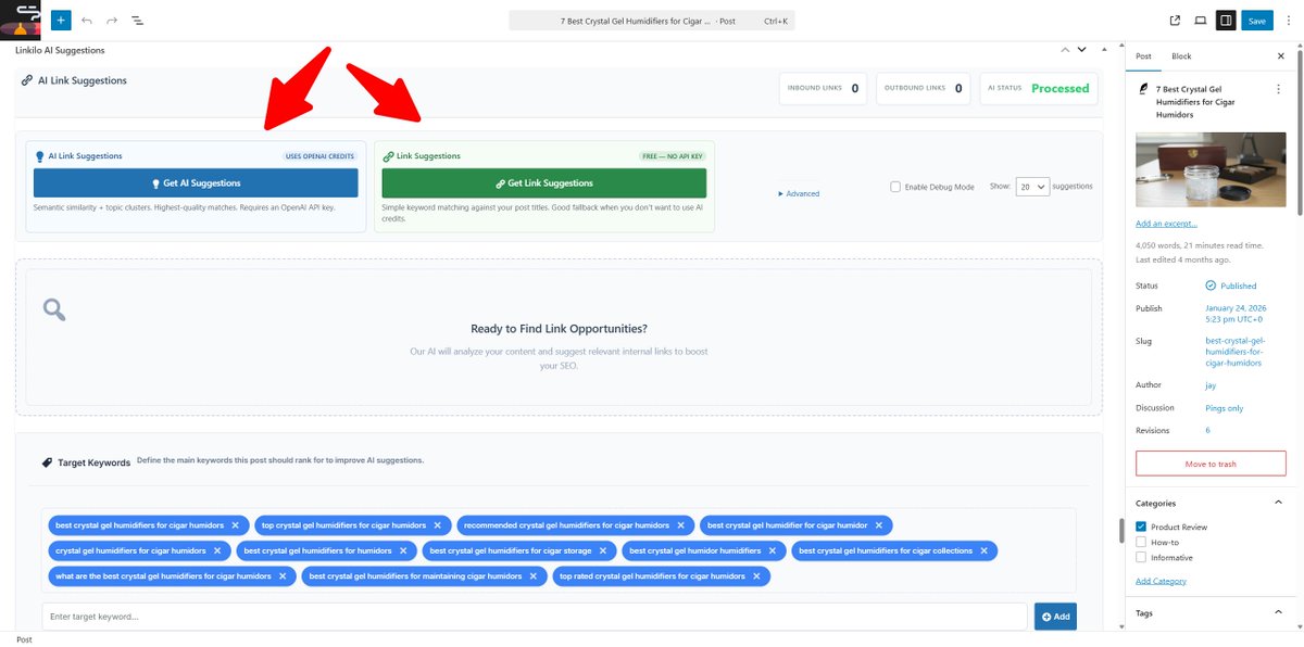 linkilo1's tweet photo. We've merged both the legacy and the new linkilo AI link suggestion in the post meta box into one. you can either click the AI version (need Open AI API) or the legacy link suggestion. https://t.co/eEyzq5QXQq