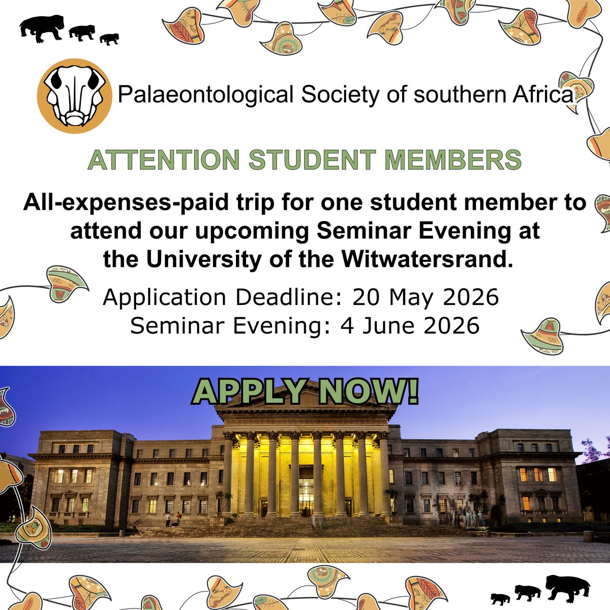 PalPSSA's tweet photo. Student members - this one’s for you 🎓🦴
The PSSA will be offering a Mobility Grant to support a student member attending our upcoming Seminar Evening. To apply, email a short motivation to the PSSA Executive at palaeosa@gmail.com by 20 May 2026 for consideration. https://t.co/jkizEHNL55