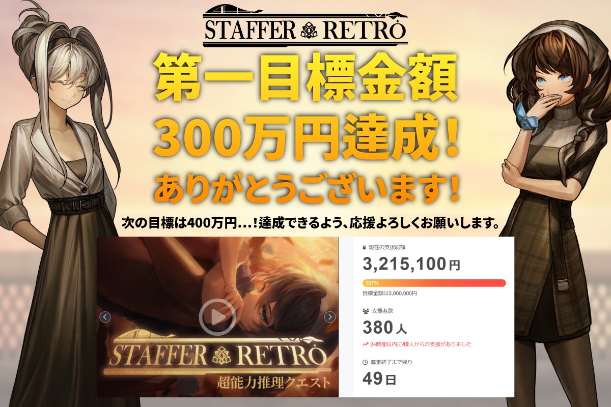 Staffer Retroの 日本向けクラファン、第1目標の300万円を達成しました！

これにより、ストレッチゴール第1弾 「Xプロフィールテーマ公開」が確定いたしました✨
⛺CAMPFIREページ

camp-fire.jp/projects/88308…
そして次の目標は―― 🔥400万円！🔥

400万円達成時には、