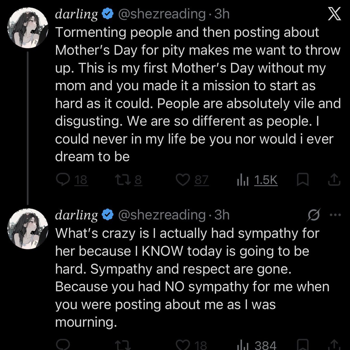 CorruptedLili's tweet photo. Actually, what’s vile and disgusting is genuinely believing someone posting lovingly about their own deceased mother on Mother’s Day is somehow an attack on you. Do you hear how self centered and warped that sounds? For five months straight you’ve obsessed over me, copied me, talked about me constantly, let your community harass me, and somehow my Mother’s Day post about my mom becomes part of your victim narrative too? What the fuck do those things even have in common besides you needing everything to revolve around yourself? I do not need your permission to grieve my mother publicly just because you decided you’re the queen of Twitter. The entitlement is actually insane. And the whole ‘we are so different as people’ line is ironic considering you’ve spent months trying to emulate my personality, my content, my aesthetic, and the way I speak. Do you see the type of VILE human being she is?