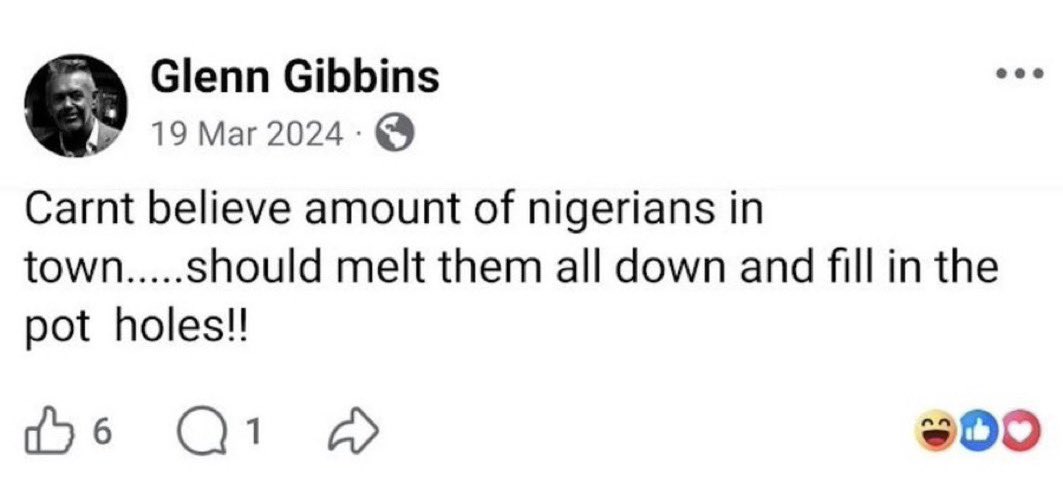 Just now: 

The racist British party, Reform, has now suspended one of its newly elected councillors after he tweeted that Nigerians should be killed and used to fill potholes in UK.