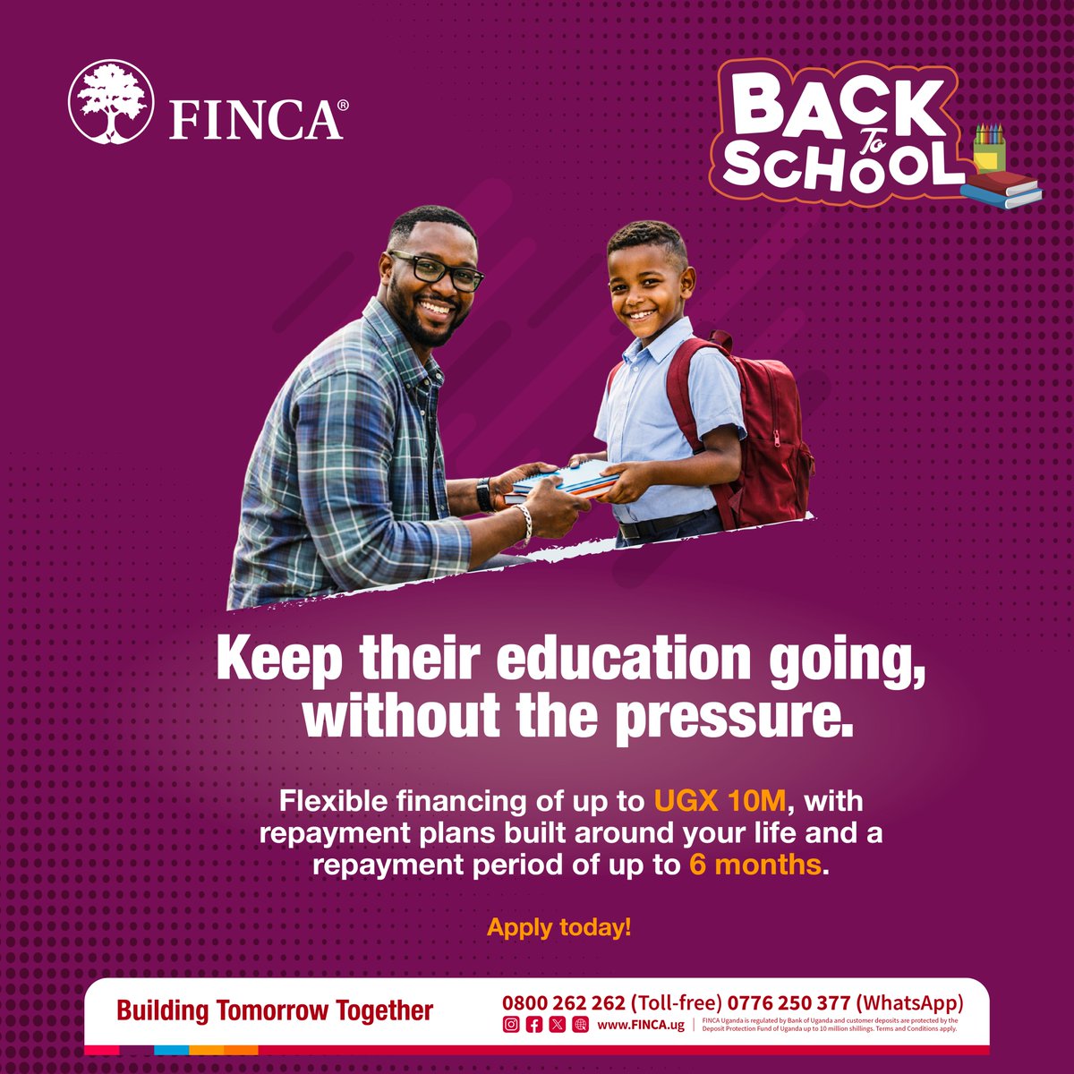 School fees pressure is over. Apply for the FINCA Education Loan and live stress-free.
Apply today! finca.ug/borrow/educati…

Visit a branch near you today
Or call our toll-free number 0800 262 262.