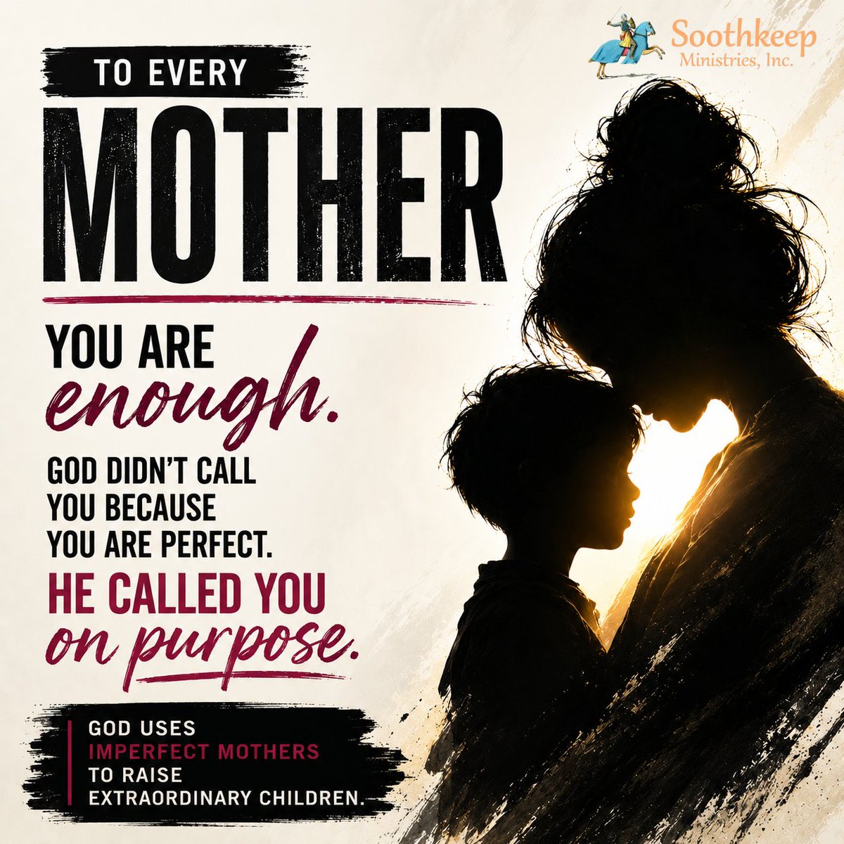soothkeep's tweet photo. Every great man of God in the history of the world had an imperfect mother. That means no matter how imperfect you are, you maintain your integrity before the Lord.

You maintain your sincerity, your seriousness about His things. You've got all the hope there is in the world to raise kids that will be powerful forces for the Lord. Your imperfection cannot keep you from molding your children the way God wants them to be molded.