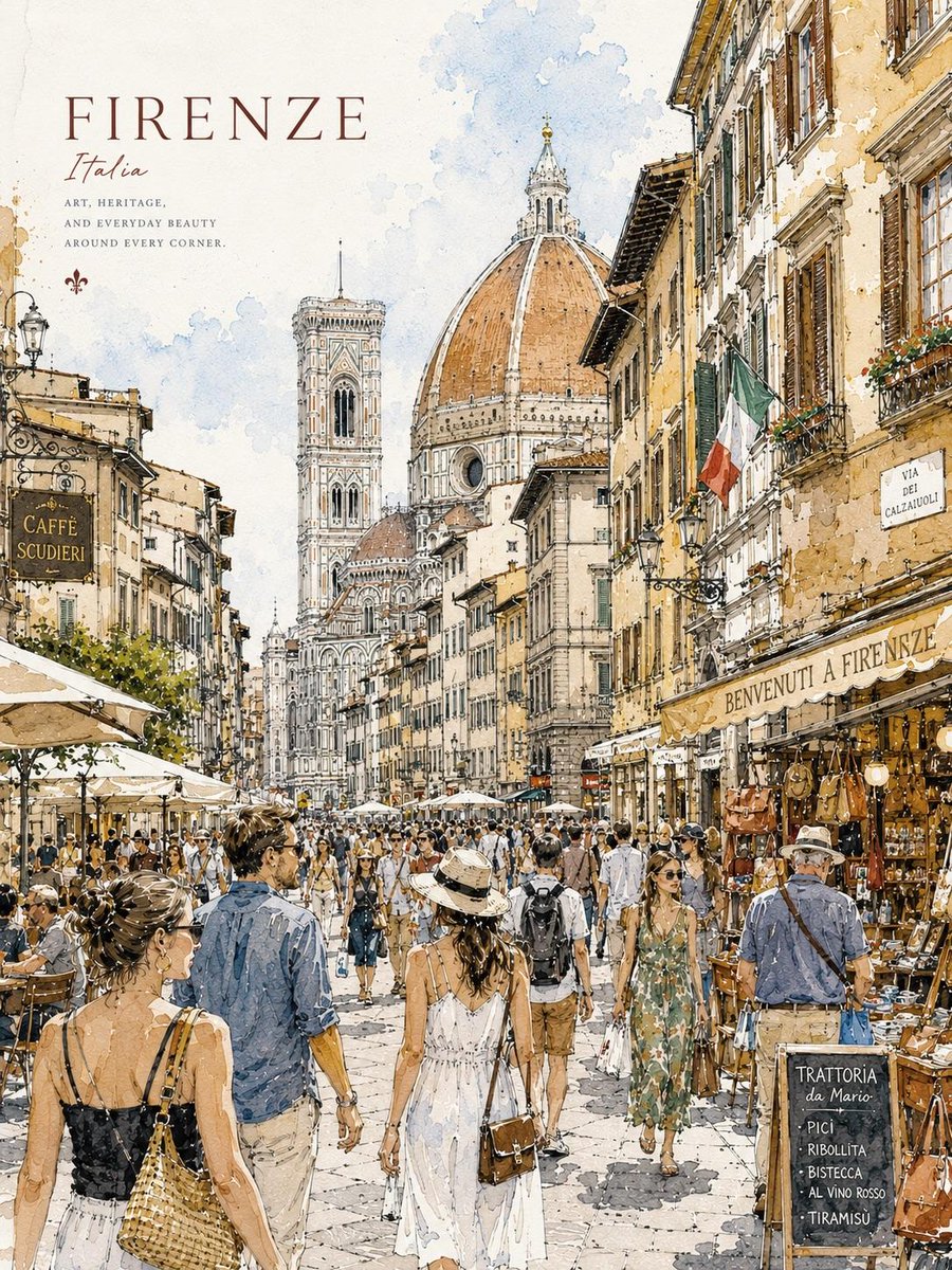 Taaruk_'s tweet photo. GPT IMAGE 2 ON CHATGPT 

Prompt:
A detailed watercolor travel poster of a lively city street, hand-painted urban sketch style, soft ink outlines, watercolor splashes, architectural detail, fashionable pedestrians walking through a busy avenue, cozy cafés and local shops, cinematic perspective, warm natural lighting, elegant travel magazine composition, large stylish city name typography at the top left, subtitle in handwritten script, subtle paper texture, atmospheric depth, realistic urban life, pastel earth tones, loose brush strokes, travel journal aesthetic, highly detailed, artistic tourism poster, European/Japanese street illustration vibe, white margin layout, premium editorial design