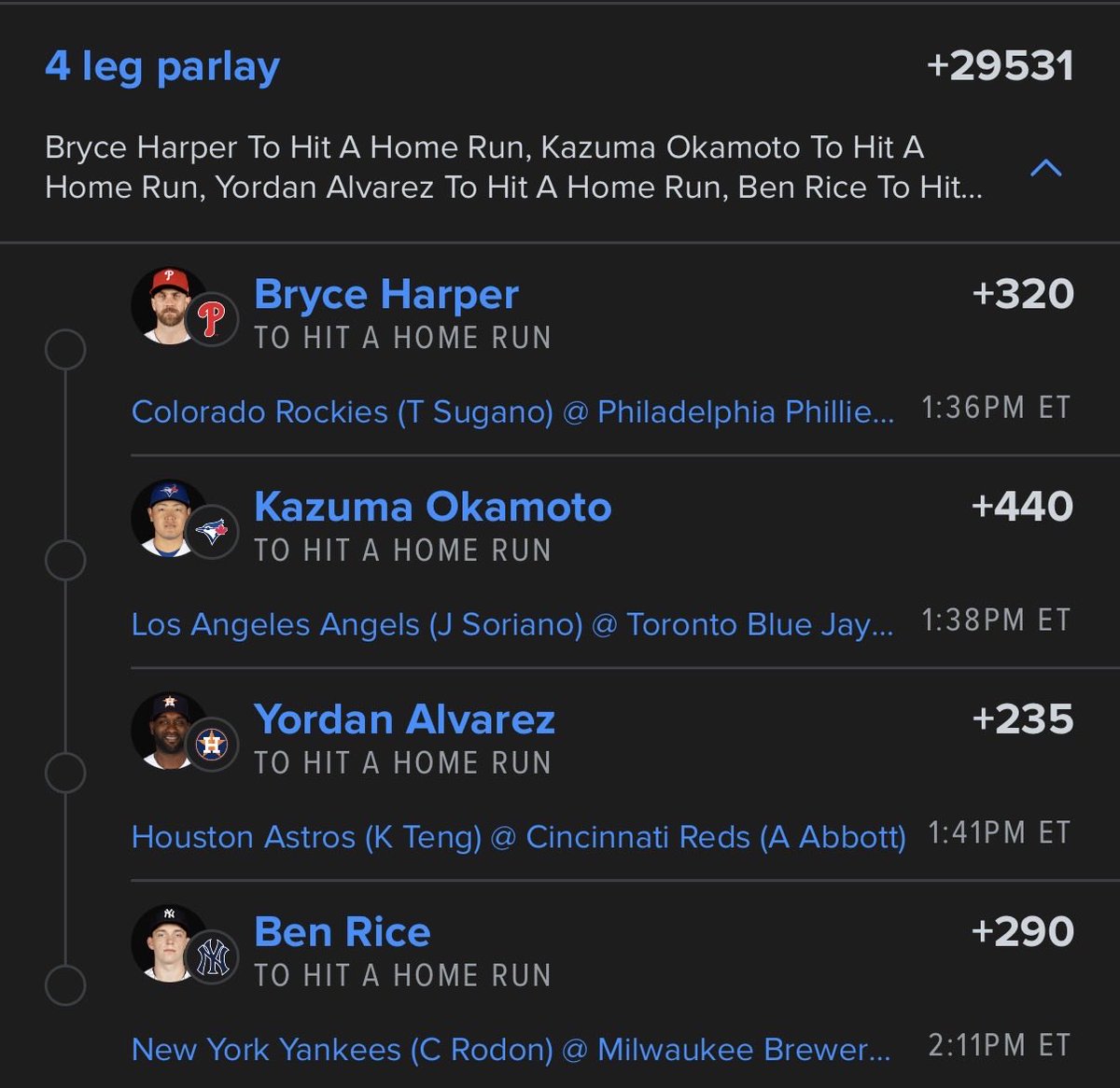 ActionAnonAA's tweet photo. 🚨 4 LEG NUKE LOADED 🚨
Harper 💣 Okamoto 💣 Yordan 💣 Ben Rice 💣

+29531 odds… this is the kind of ticket that changes everything 💰 RR x3 if you’re riding.
Let the fireworks begin 😈⚾️

 #MLB #Baseball #SportsBetting #HomeRunPicks #GamblingTwitter #Parlay #Fanduel #BettingTwitter
#mothers #MothersDayDogs