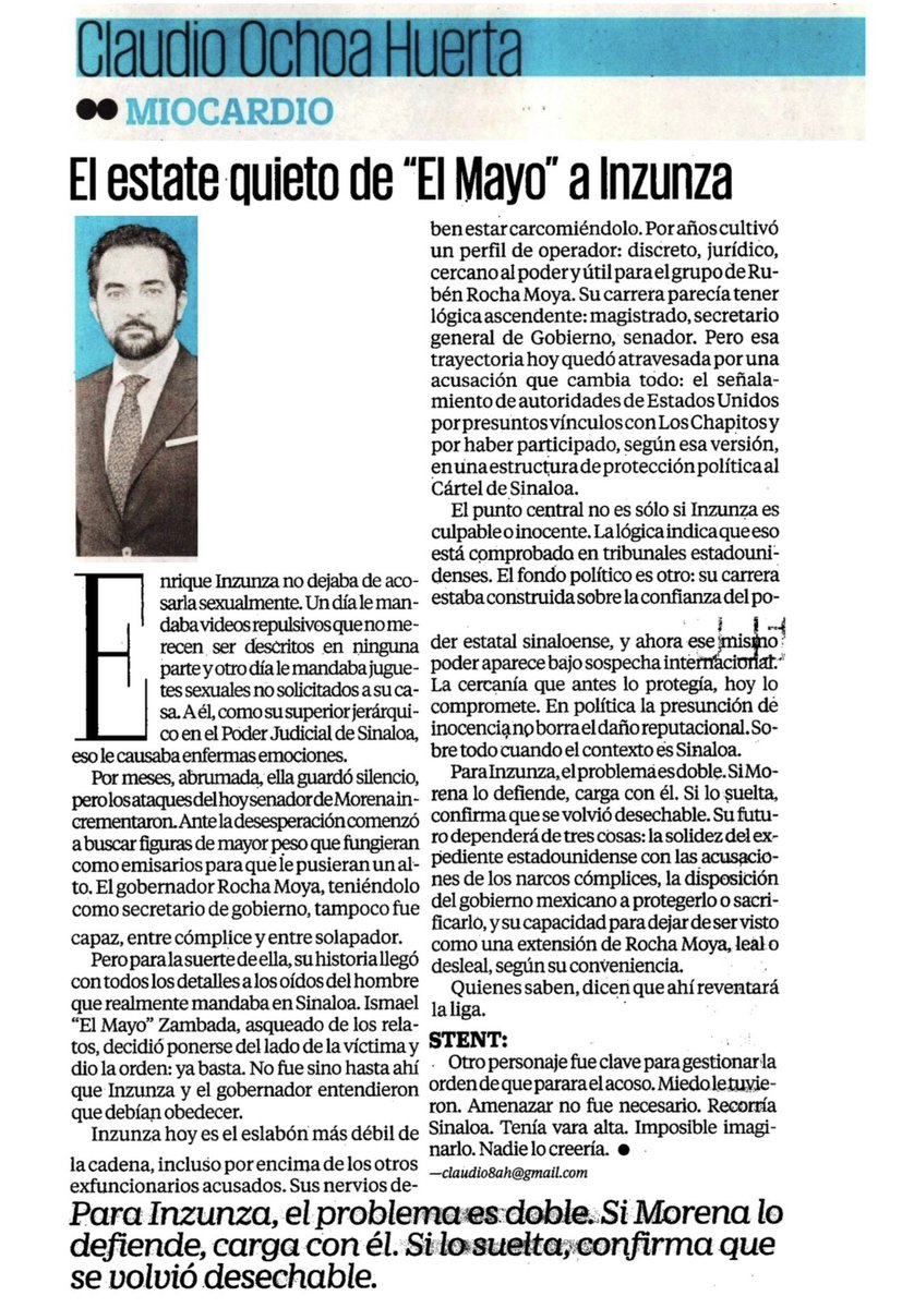 ErnestoGuerra_'s tweet photo. El estate quieto de “El Mayo” a Inzunza de Claudio Ochoa Huerta vía El Universal

“Enrique Inzunza no dejaba de acosarla sexualmente. Un día le mandaba vídeos repulsivos…A él, como su superior…le causaba enfermas emociones.”

“Para la suerte de ella, su historia llegó al…a los oídos del hombre que realmente mandaba en Sinaloa…ya basta👇