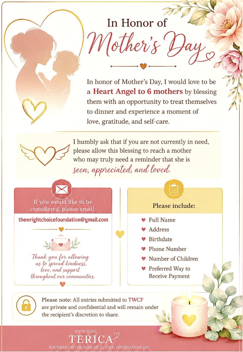 4EvaPink43's tweet photo. Happy Mother’s Day to all the beautiful mothers and mother figures. 💛🌸 Please email:
thewrightchoicefoundation@gmail.com ✨Please include:
• Full Name
• Address
• Birthdate
• Phone Number
• Number of Children
• Preferred Way to Receive https://t.co/tDYYJ8MPPT
