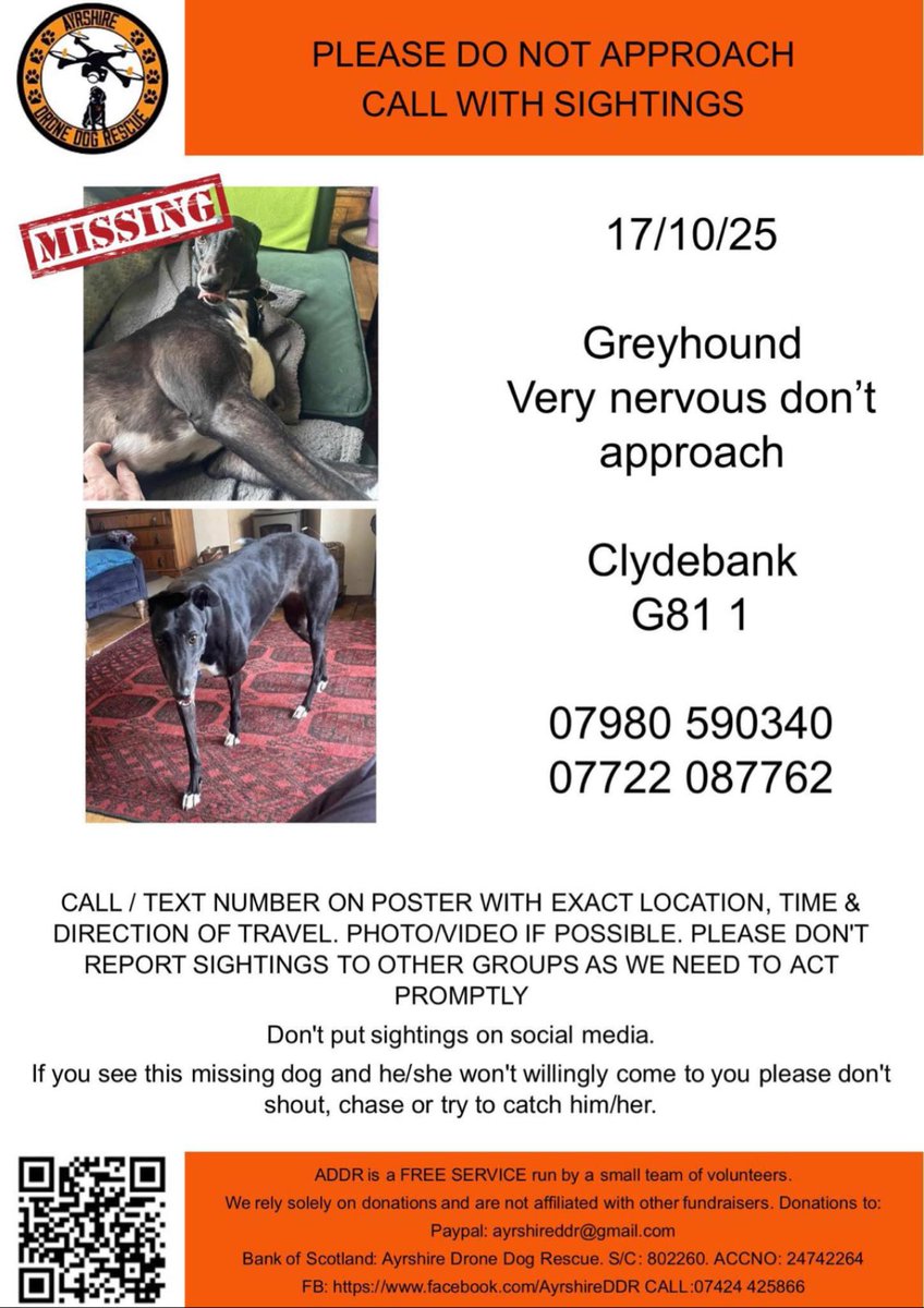 MissingPetsGB's tweet photo. KAZ is a nervous rescue greyhound, missing from Yoker #Clydebank 17/10/2025
She was seen running on the train tracks at Westerton Bearsden G61 18/10 but was sighted running scared after the tracks.

There’s been no further sightings. Report sightings/ info ASAP #stolendoghour https://t.co/aL0ah3Gh0q