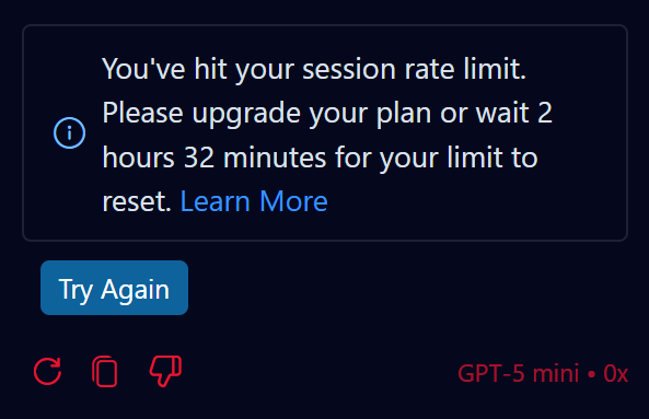 GitHub Copilot rate-limit screen showing a 2 hour 32 minute wait before the limit resets