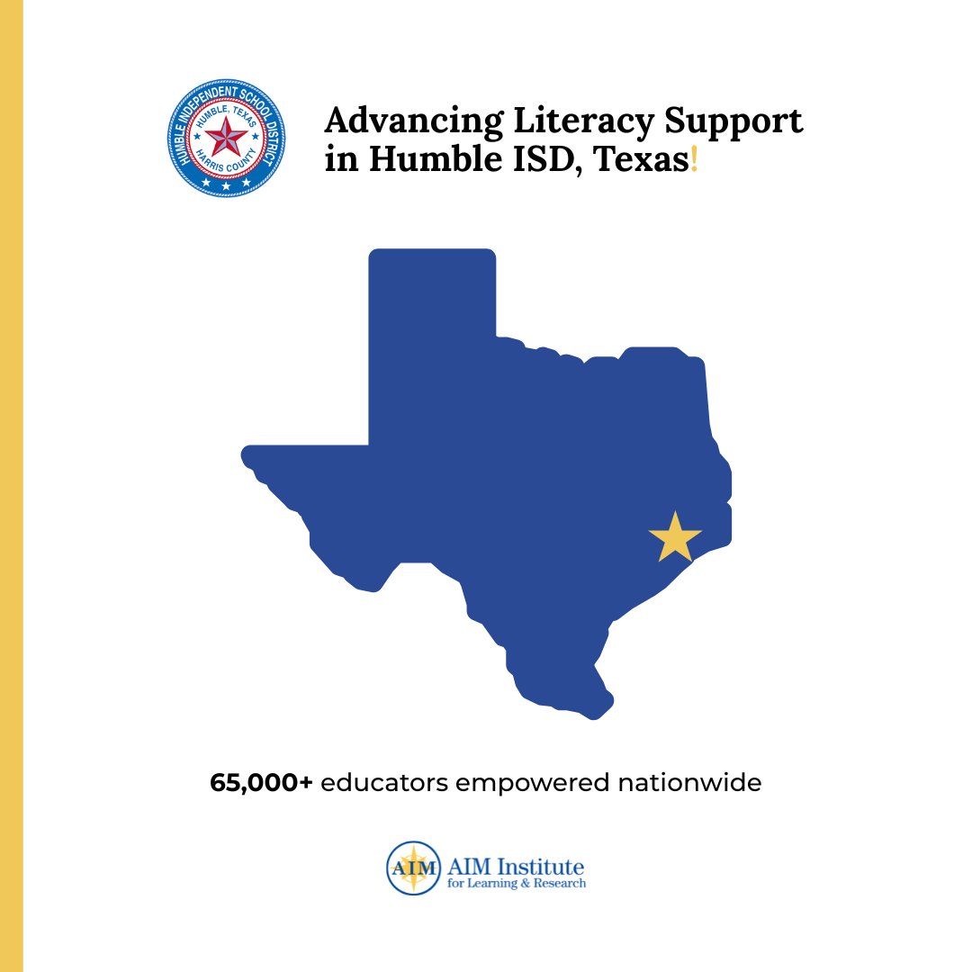 AIMtoLearn's tweet photo. Another Texas update! 🎉 In addition to our existing partnership with @HumbleISD, AIM Institute for Learning & Research has now been added to the district’s approved vendor list supporting students with disabilities.

As we continue working alongside educators and school systems nationwide, partnerships like this help expand access to evidence-based literacy instruction, professional learning, and student-centered support designed to help all learners thrive.

Learn more about AIM’s work in Texas: https://t.co/y5YAGW45P8