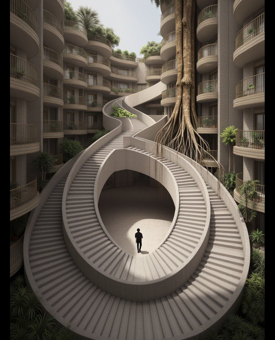 phiarch_'s tweet photo. Penrose stairs in a modern architectural marvel, where nature and structure intertwine seamlessly. 🏠🌿 #architecture #sustainabledesign https://t.co/DzcX5lcLuV